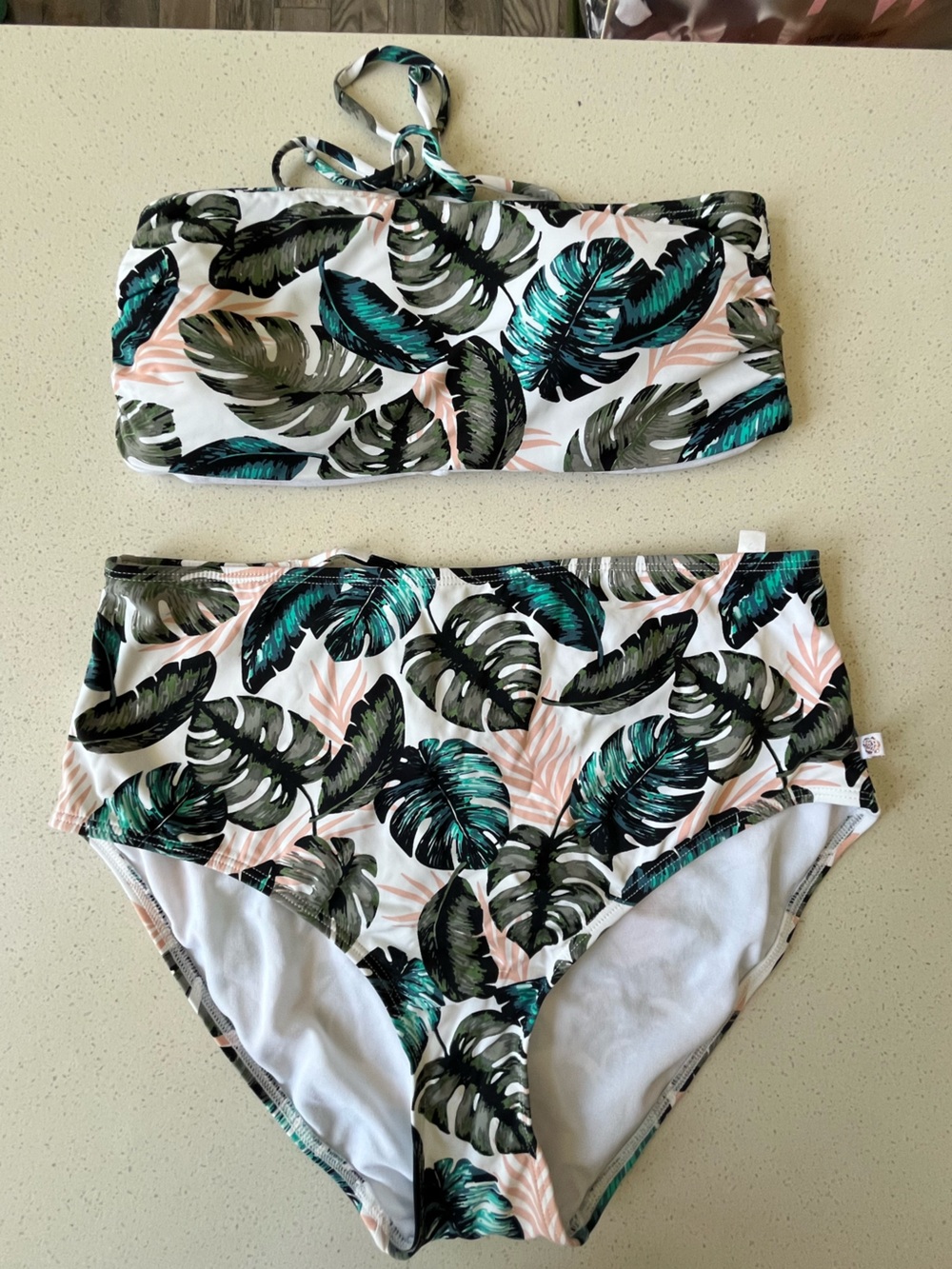 La Vie En Rose Aqua High Waisted Tropical Leaf Bikini Set - XL bottoms, L top